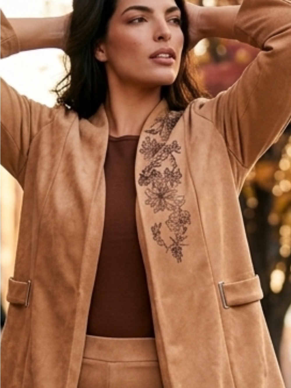 Madison Tan Velvet Open-Front Blazer with Floral Embroidery